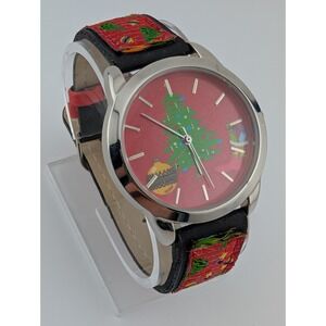 Accutime Christmas Watch Women‎ 38mm Silver Case Red Band- New Battery